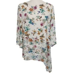 Chico's White Asymmetrical Floral Butterfly 3/4 Sleeve Tunic Elegant Flowy